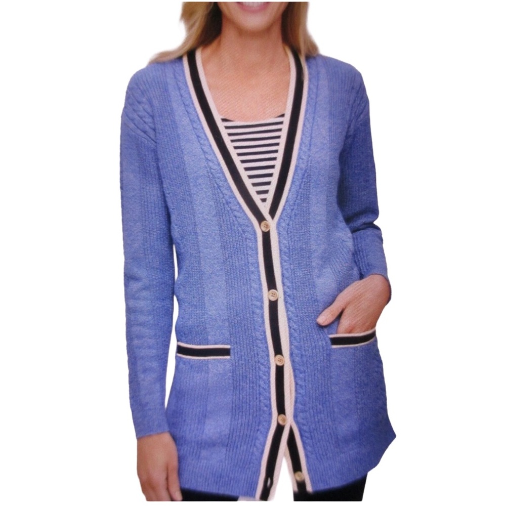 Talbots‎ Blue Varsity Sweater Cardigan Black & Cream Accents pockets XL